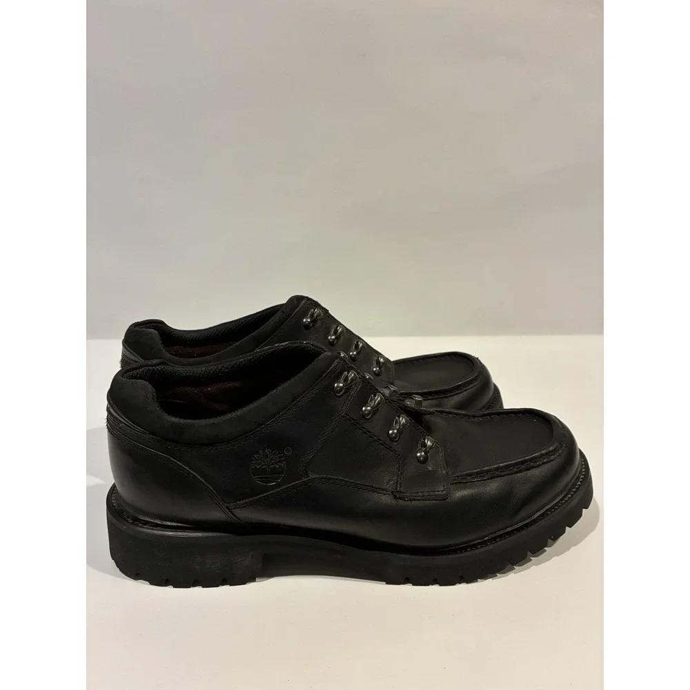 Timberland Mens 80014 Black Leather Moc Toe Lug Sole Low Top Boots Size 11.5M